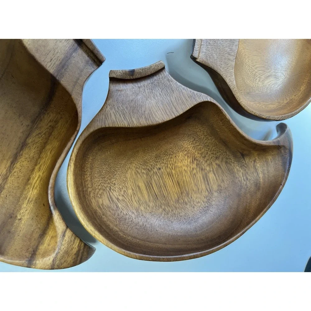 Vintage Mcm Monkeypod Wood Interlocking Leaf Serving Bowl Set Five Tiki Lazy Sus
